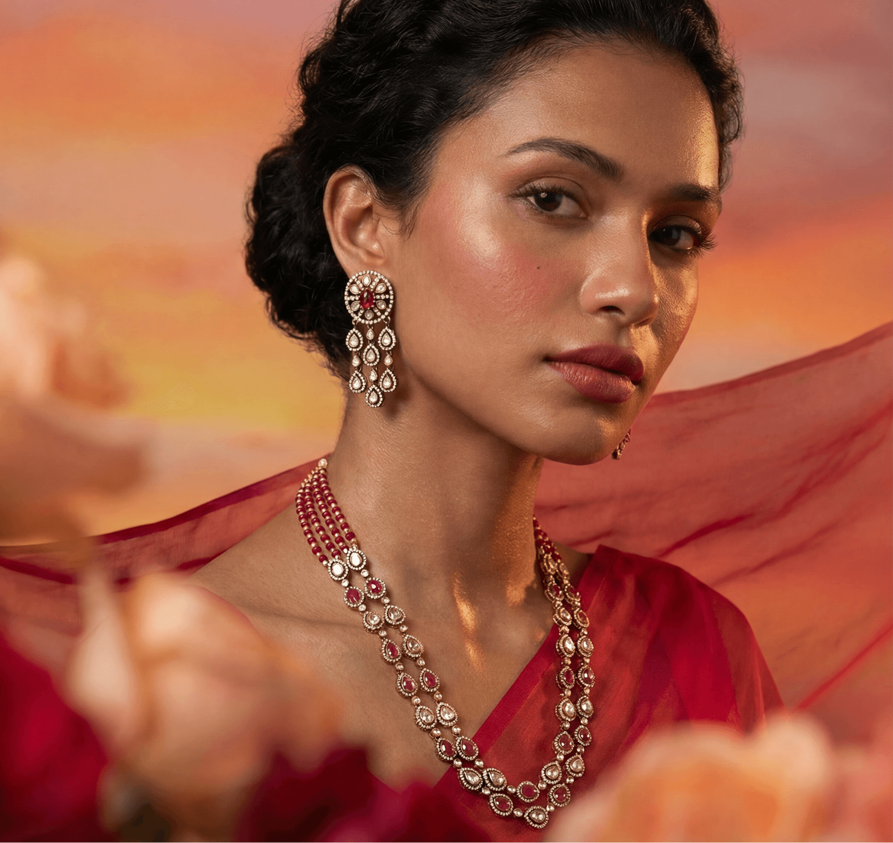 AI-generated jewelry photography — model wearing traditional Indian jewelry